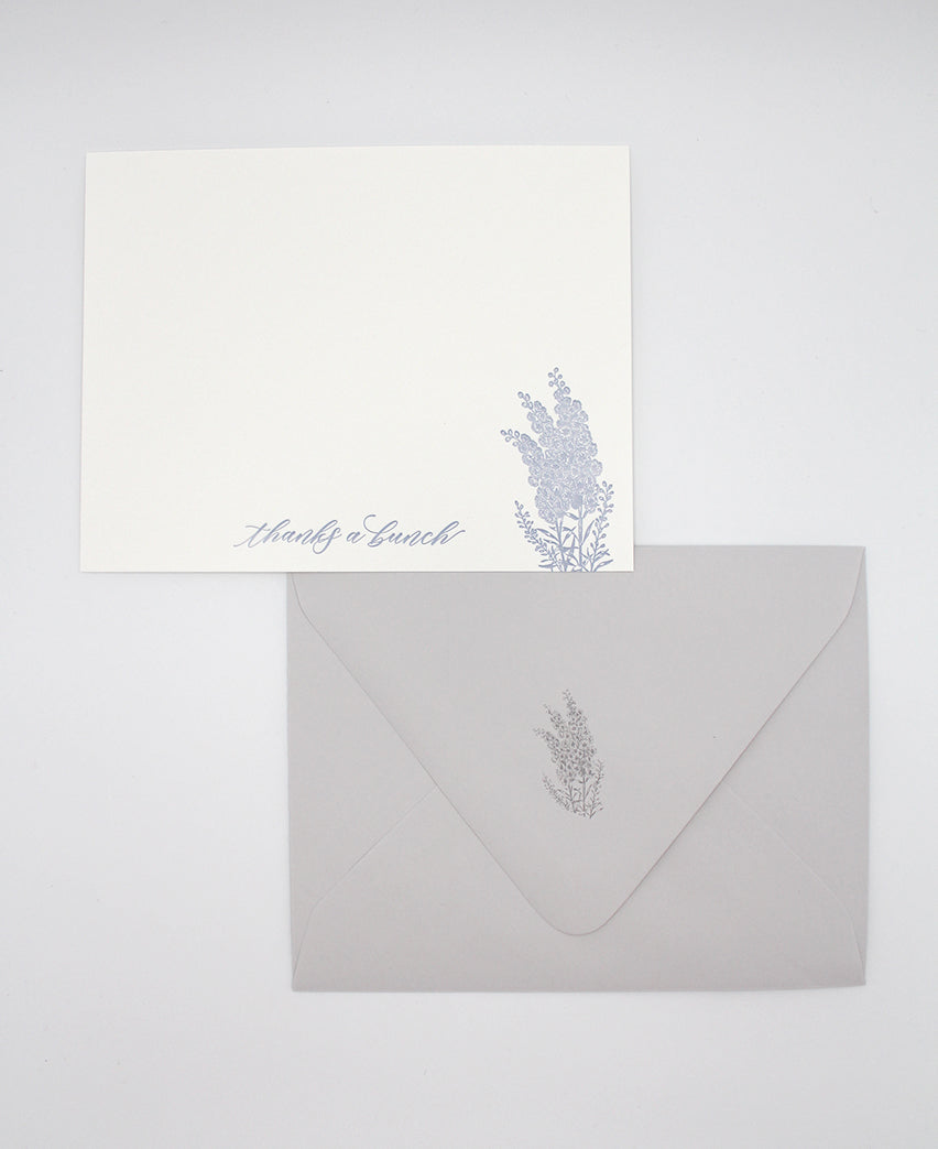 Letterpress flat note card with florals that says "thanks a bunch" by Rust Belt Love