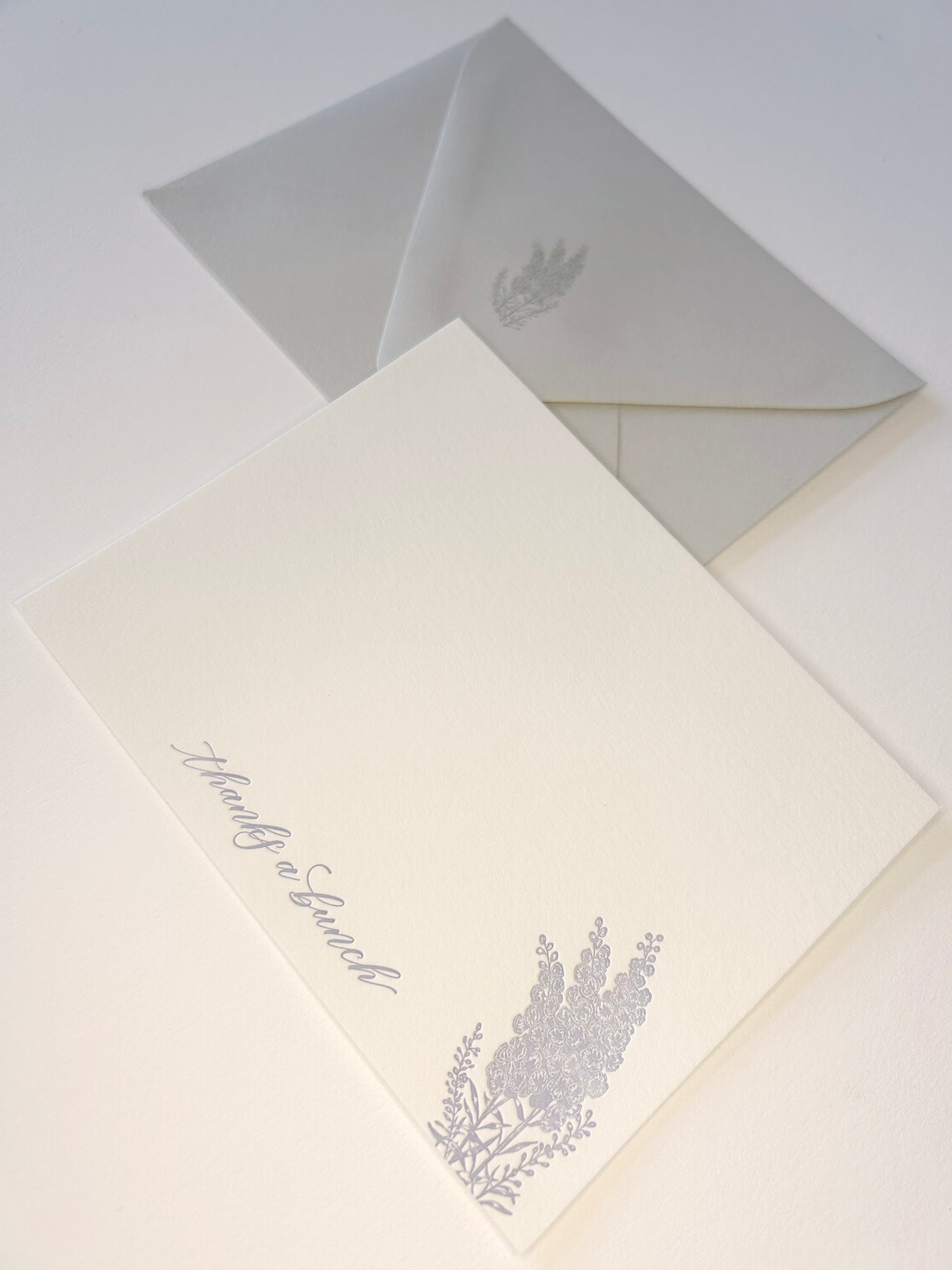 Letterpress flat note card with florals that says "thanks a bunch" by Rust Belt Love