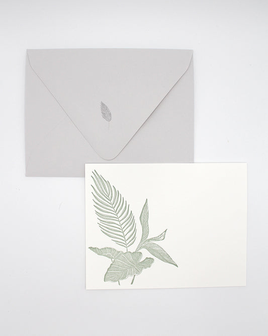 Letterpress tropical green leaf note card with matching grey envelope by Rust Belt Love