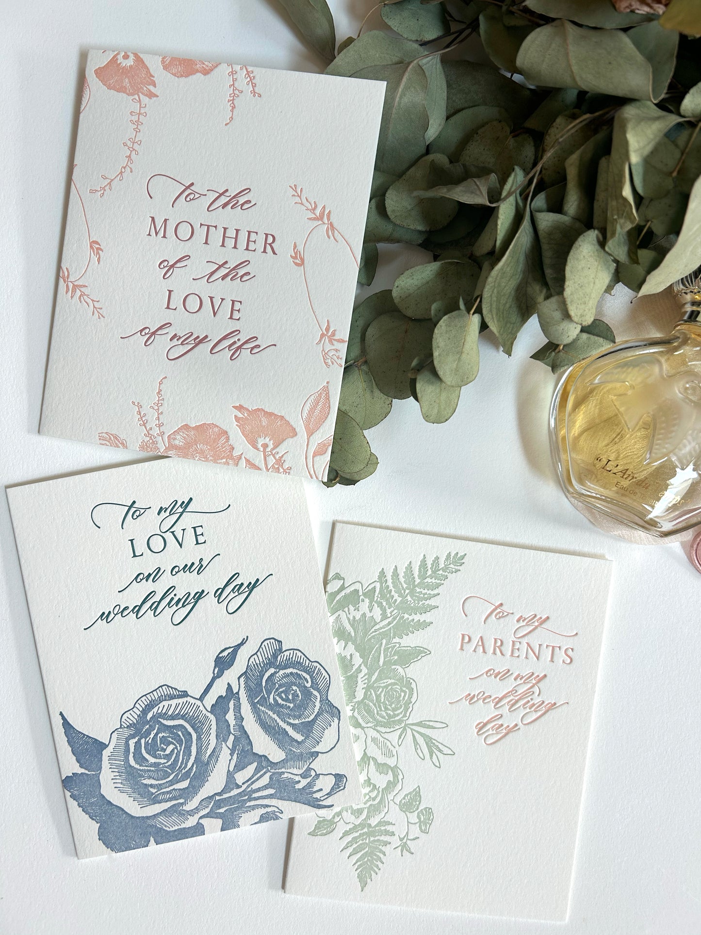 A variety of letterpress floral wedding cards by Rust Belt Love