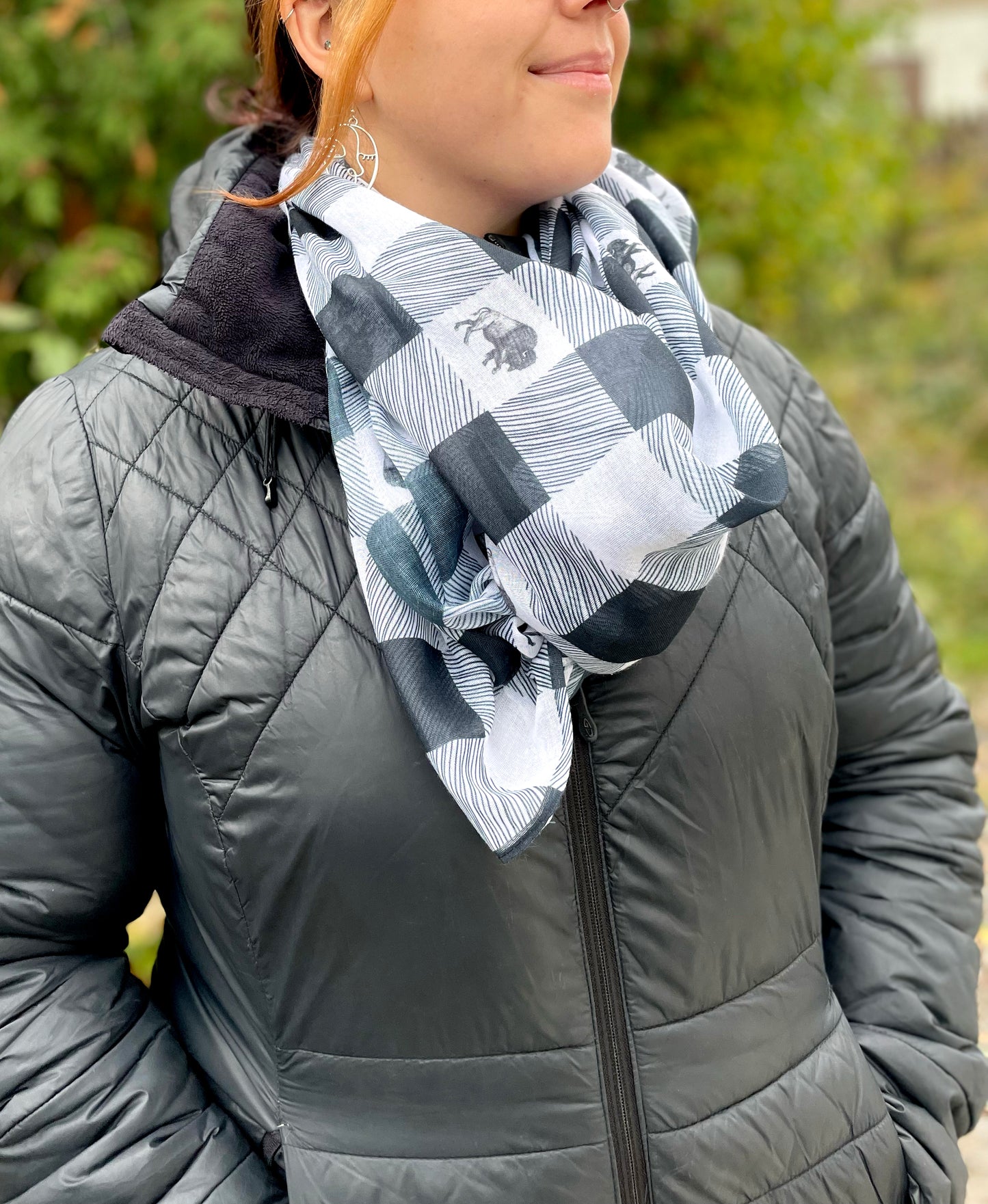 Woman modeling white plaid buffalo scarf by Rust Belt Love